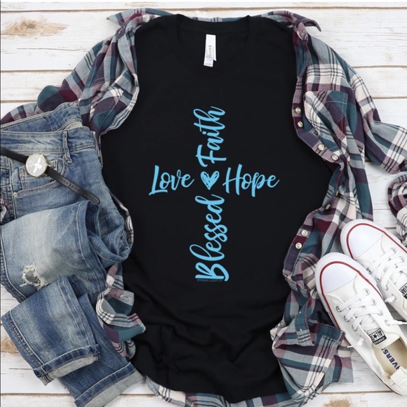Cotton-Blend Christian Black Love Faith Hope Blessed Tee BRAND NEW - Picture 2 of 5